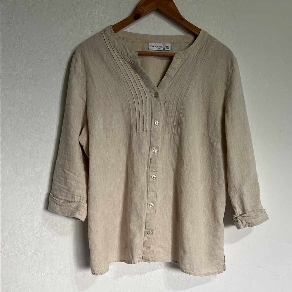 Kim Rogers Beige Natural Linen blend Pintuck Top